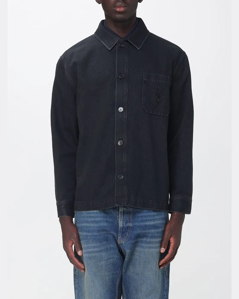 Saint Laurent Hemdjacke aus Baumwolldenim mit gesticktem YSL-Monogramm Schwarz