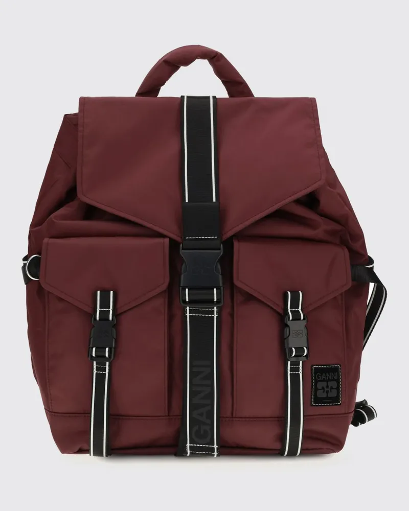 Ganni Rucksack aus recyceltem Polyamid mit Klappe und verstellbaren Schnallen Weinrot