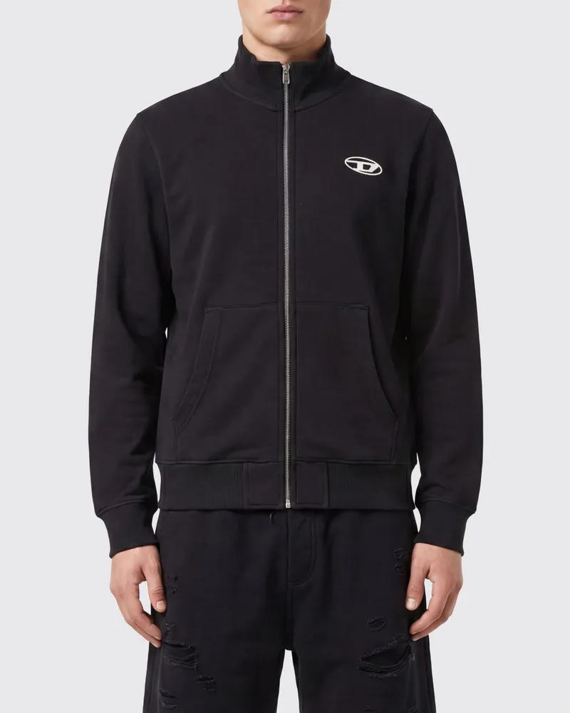 Diesel Hochgeschlossenes Baumwoll-Sweatshirt mit Reißverschluss mit kontrastierendem Oval D-Logo Schwarz