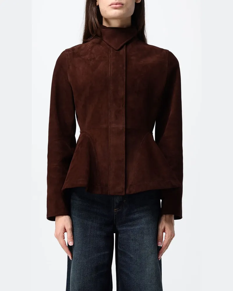 Alaïa Kurze Jacke in Slim Fit aus Wildleder mit Stehkragen Kakao