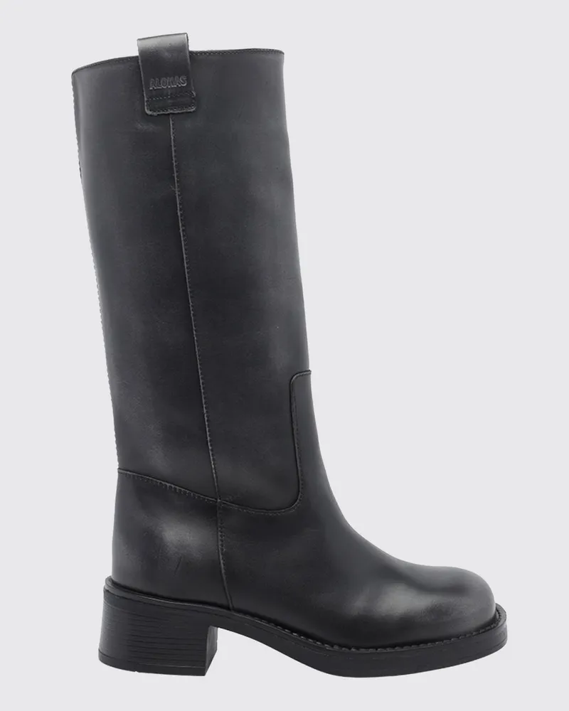 Alohas Kniehohe Sajan-Lederstiefel mit eckiger Kappe und niedrigem Absatz Schwarz