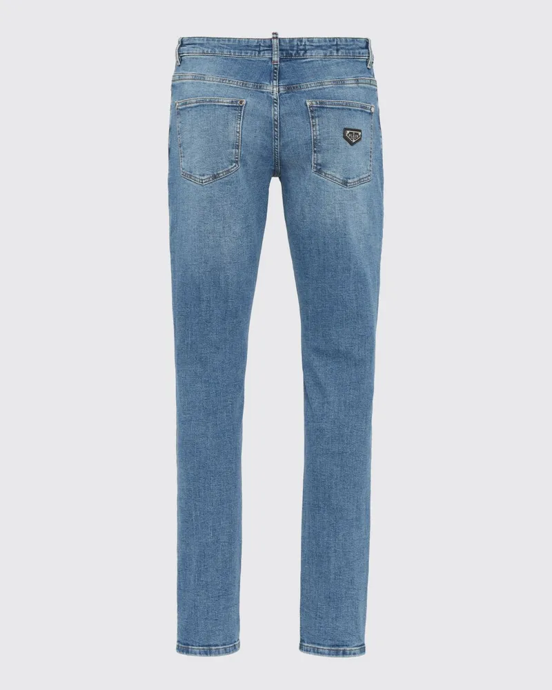 Philipp Plein Distressed Slim Fit Skinny Jeans aus Baumwolldenim mit Metall-Logo Blau