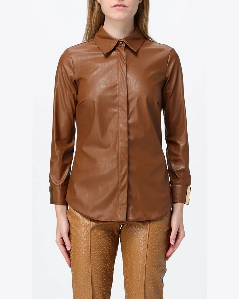 Elisabetta Franchi Slim-Fit-Hemd aus Kunstleder mit Logo-Detail an den Manschetten Braun