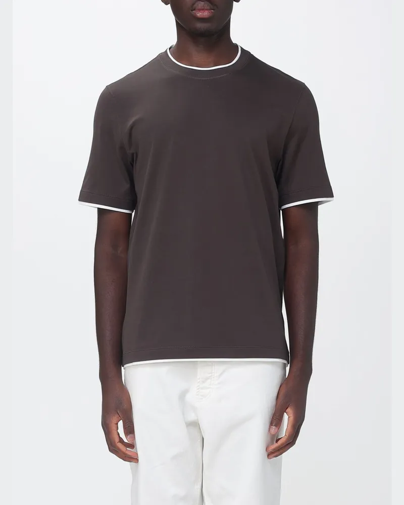 Brunello Cucinelli Rundhals-T-Shirt aus Baumwolle mit Kontrastbesatz Braun