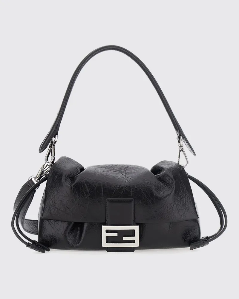 Fendi Mittlere Baguette Schultertasche von aus Leder in Knitteroptik Schwarz