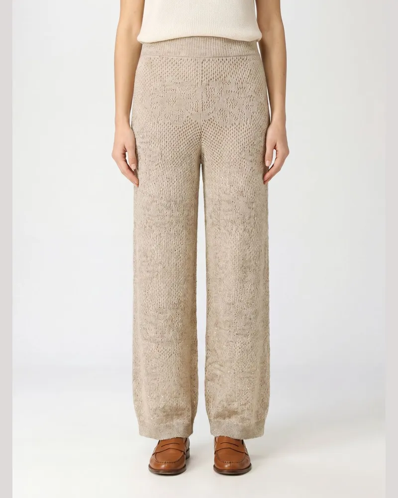 Brunello Cucinelli Strickhose aus Wolle mit Paillettenstickerei Beige