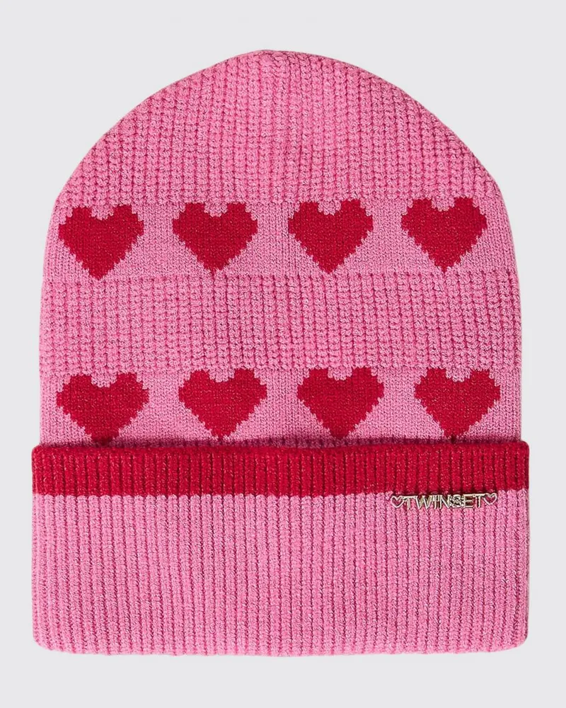 Twin-Set Wollmütze für Mädchen mit Herzprint und Umschlag Pink