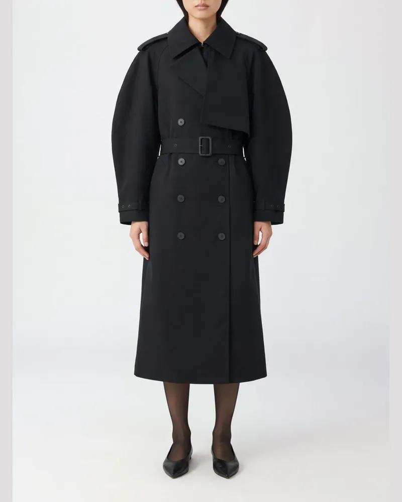 Anine Bing Zweireihiger Baumwoll-Trenchcoat mit Ballonärmeln und Gürtel Schwarz
