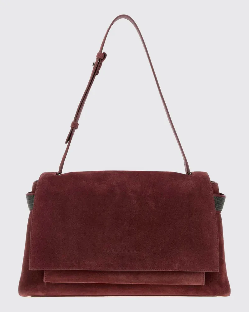 Brunello Cucinelli Schultertasche aus Veloursleder mit Monili-Verzierung Burgunderrot