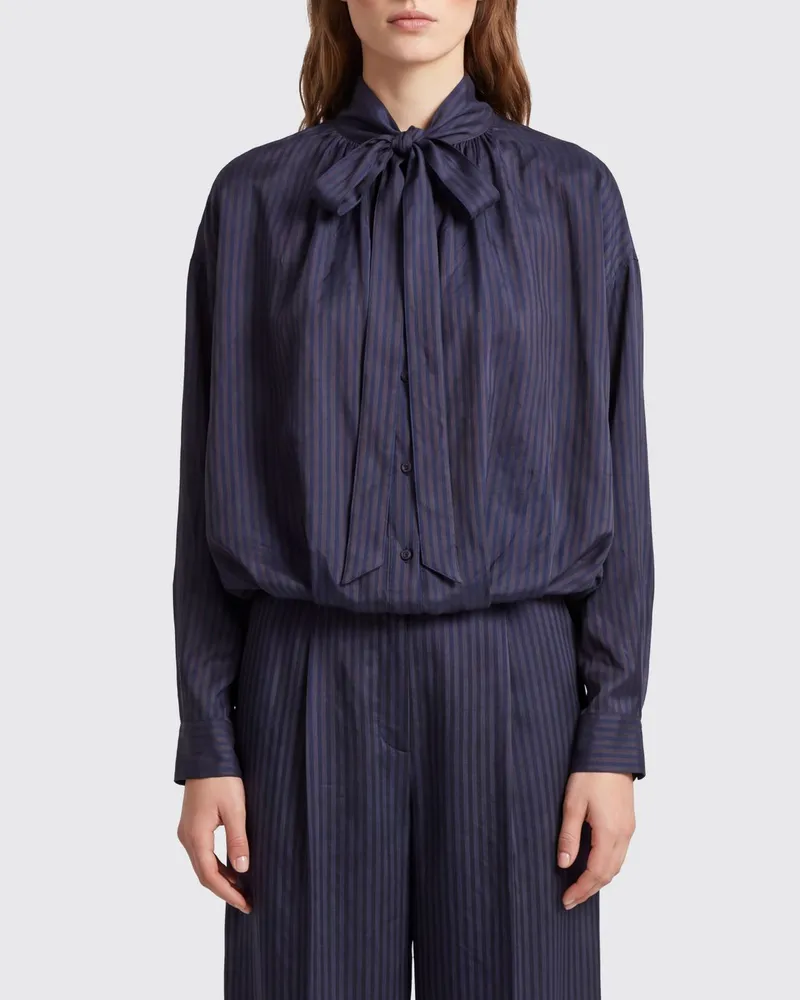 Dries van Noten Gestreiftes Cupro-Hemd mit Schalkragen und langen Ärmeln Braun