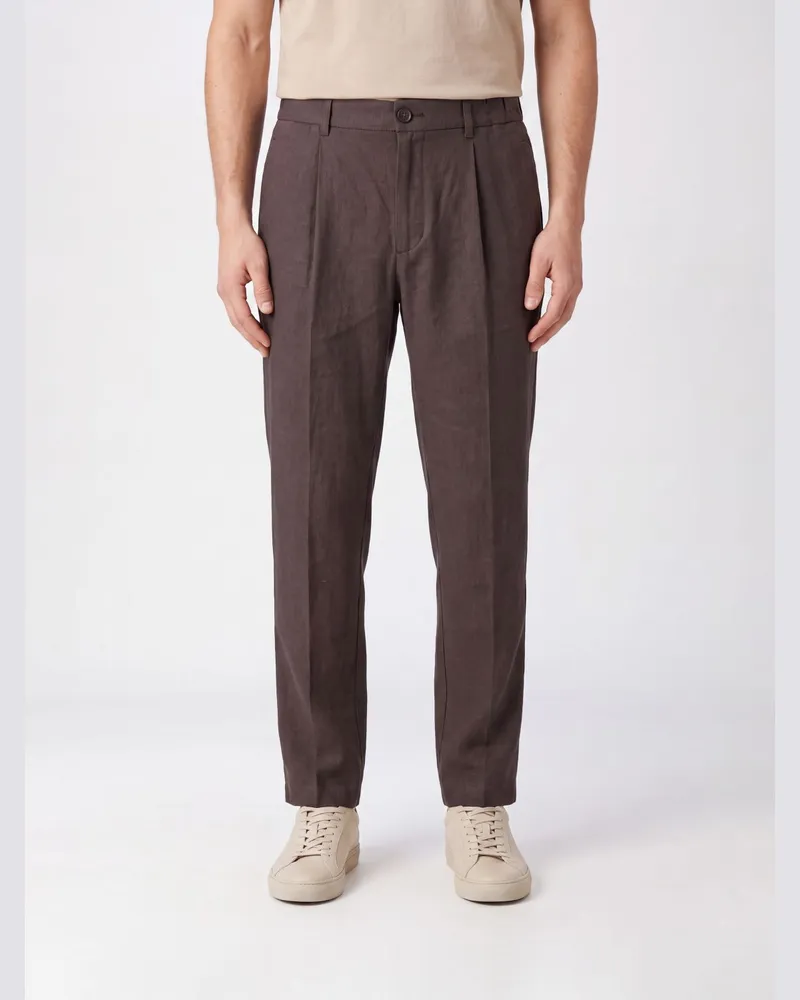 Herno Leinen-Chinohose mit Bundfalten und hinteren Paspeltaschen Kakao