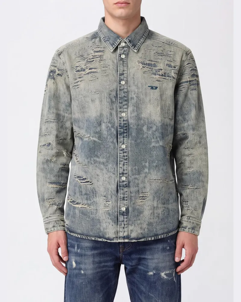 Diesel Langärmeliges Jeanshemd im Distressed-Look mit gesticktem Oval-D-Logo Blau