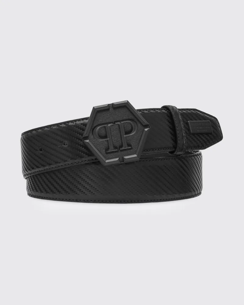 Philipp Plein Gürtel aus geprägtem Leder mit Hexagon-Monogramm-Schnalle Weiß