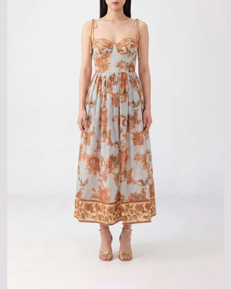 Zimmermann Aster Midi-Kleid aus Baumwolle mit Blumenmuster und Korsett Hellblau