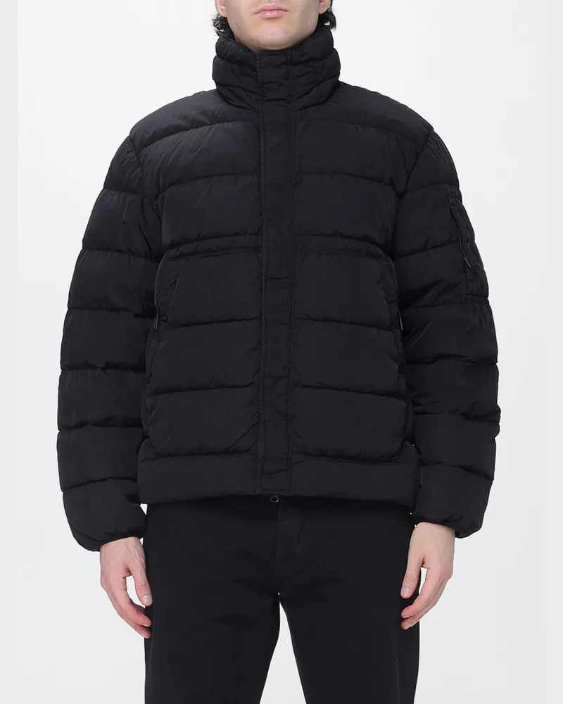 C.P. Company Kurze Stepp-Pufferjacke aus Nylon mit hohem Kragen und Logo Schwarz