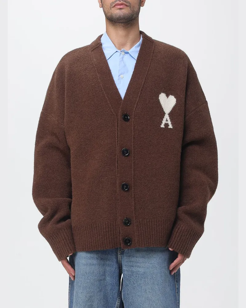 AMI Paris V-Ausschnitt-Cardigan aus Alpakawolle mit Jacquard-Logo Braun