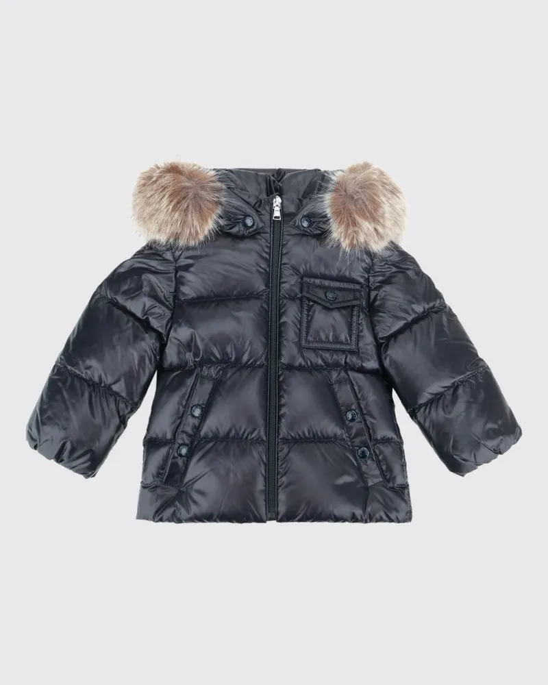 Moncler Nylon-Daunenjacke für Jungen mit Shearling-Kapuze und Pattentaschen Navy