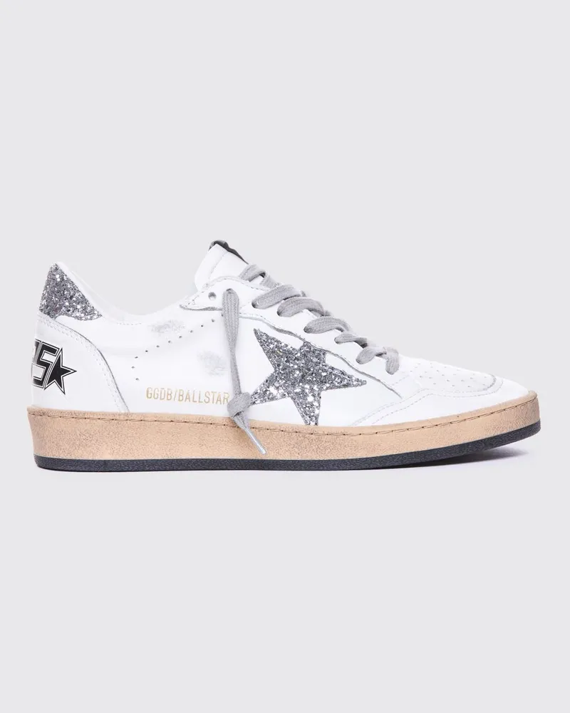 Golden Goose Ball Star Sneaker aus Leder mit Glitzer-Logo und Used-Effekt Silber