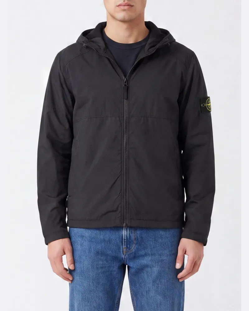 Stone Island Wasserabweisende Nylon-Windjacke mit Kapuze und Logo Schwarz
