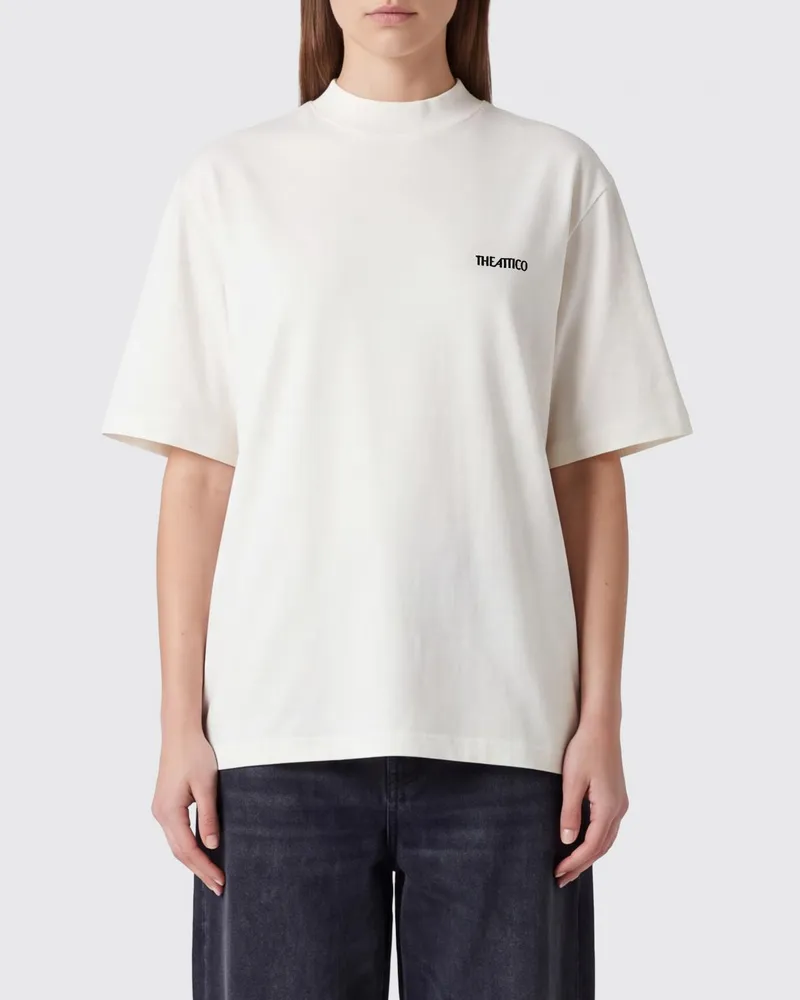 ATTICO Baumwoll-T-Shirt mit Rundhalsausschnitt mit überschnittenen Schultern und Ton-in-Ton-Logo Weiß