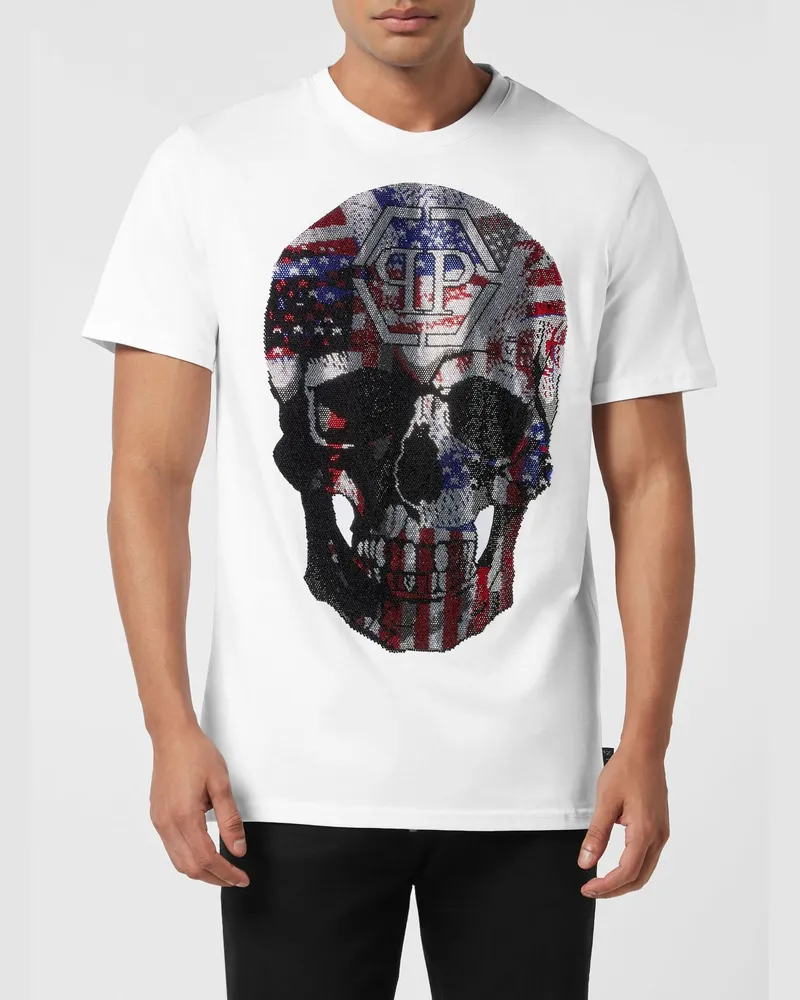 Philipp Plein T-Shirt aus Baumwolljersey mit Totenkopf-Print und Strass-Logo Weiß