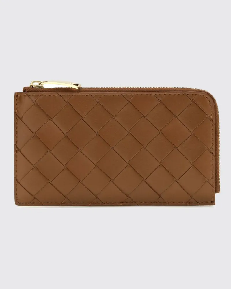 Bottega Veneta Flacher Kartenhalter mit Reißverschluss aus geflochtenem Lammleder Kaffee