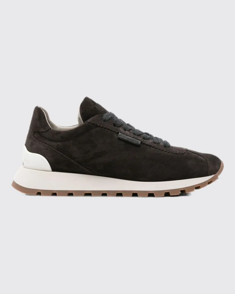 Brunello Cucinelli Low-Top-Sneaker aus Kalbsveloursleder mit Monili-Detail Grau