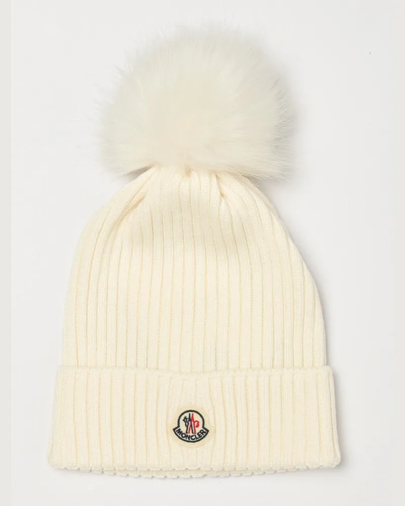Moncler Rippenstrick-Wollmütze für Jungen mit Bommel und Logo-Patch Weiß