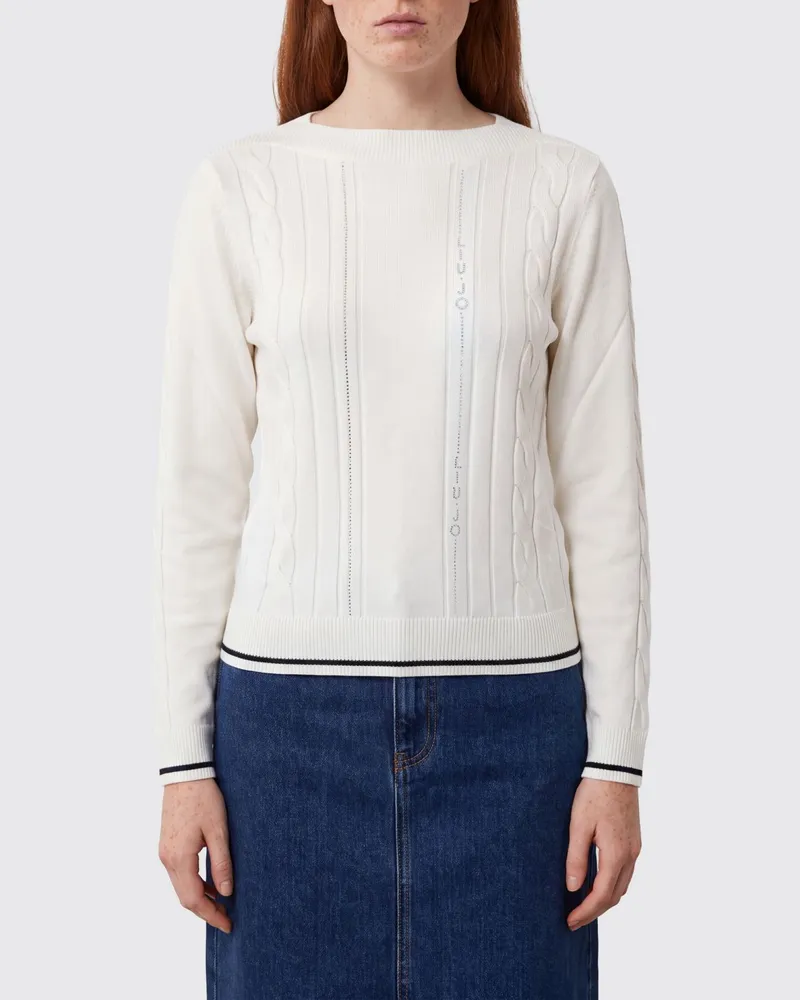 Liu Jo Schmal geschnittener Pullover mit Rundhalsausschnitt aus Viskosemischung mit Kontrastlogo Weiß