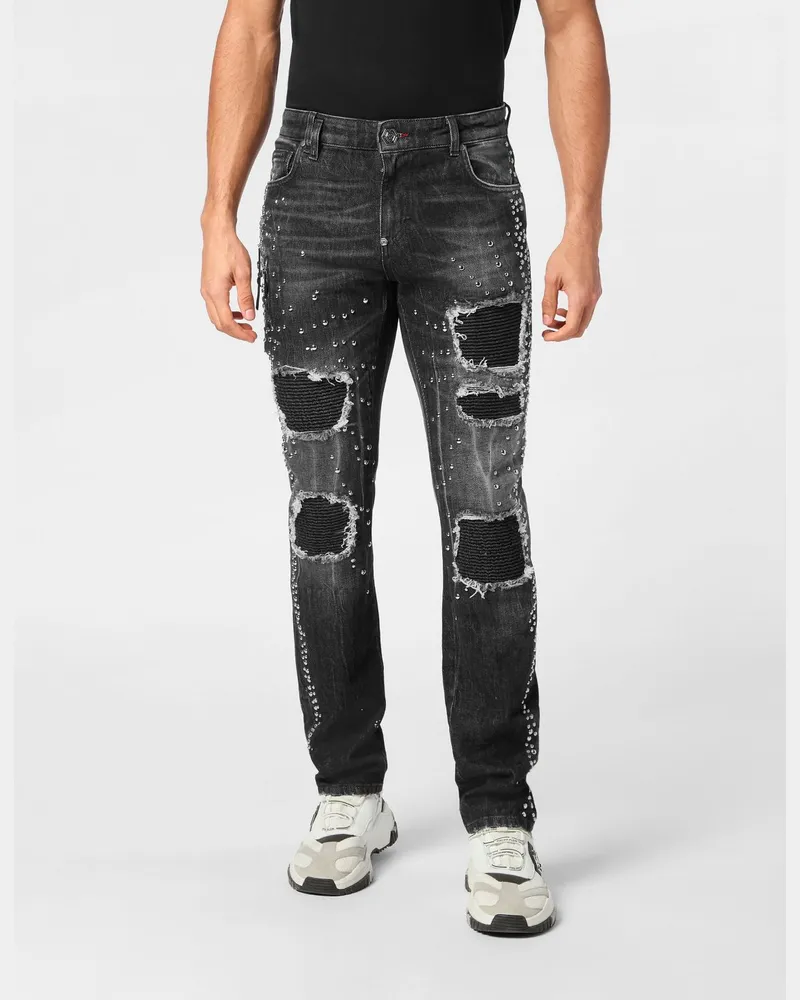 Philipp Plein Slim-Fit Jeans aus Stretch-Denim in Distressed-Optik mit Hexagon-Logo Grau