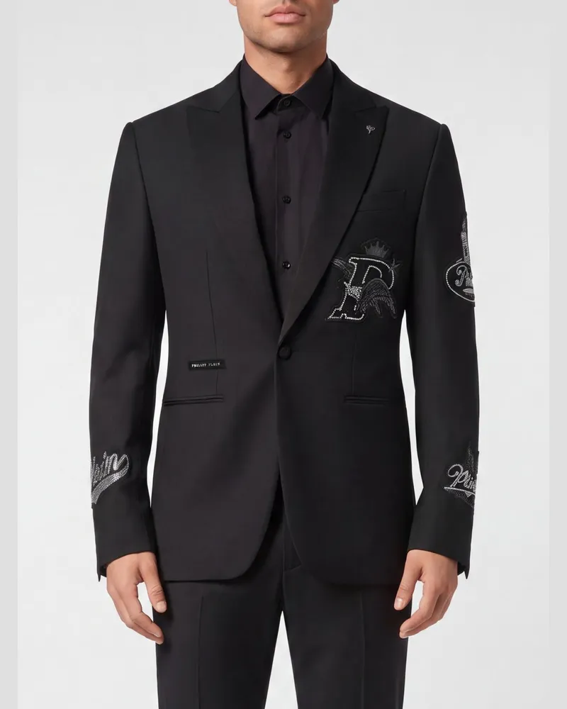 Philipp Plein Einreihiger Wollmisch-Blazer mit steigendem Revers und Logo-Patch Schwarz