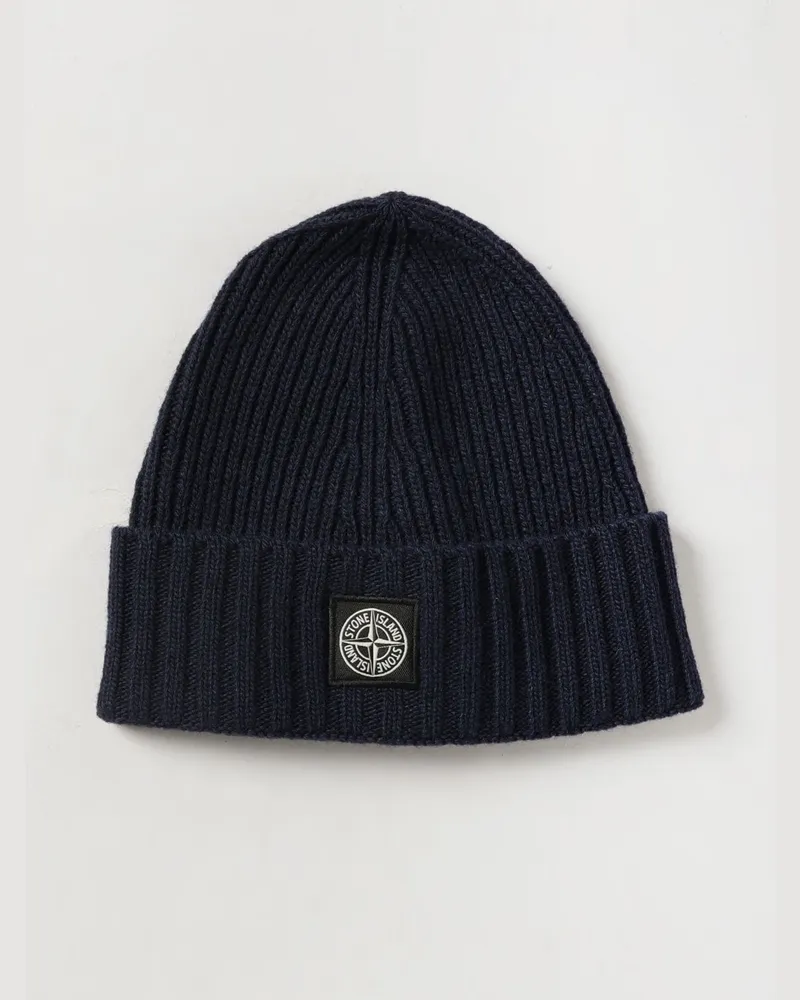 Stone Island Gerippte Beanie-Mütze aus Schurwolle für Jungen mit Kompass-Logo Blau