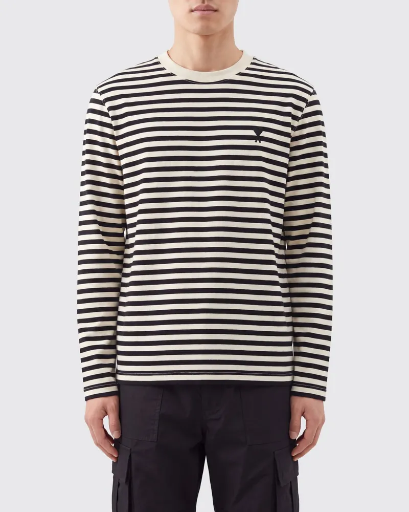 AMI Paris Gestreiftes Langarm-T-Shirt aus Baumwolle mit Kontrastlogo Schwarz