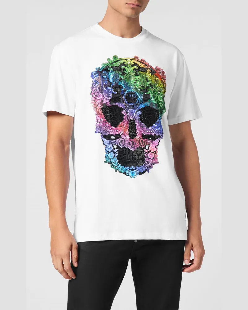 Philipp Plein Baumwoll-T-Shirt mit Skull-Print und applizierten Kristallen Weiß