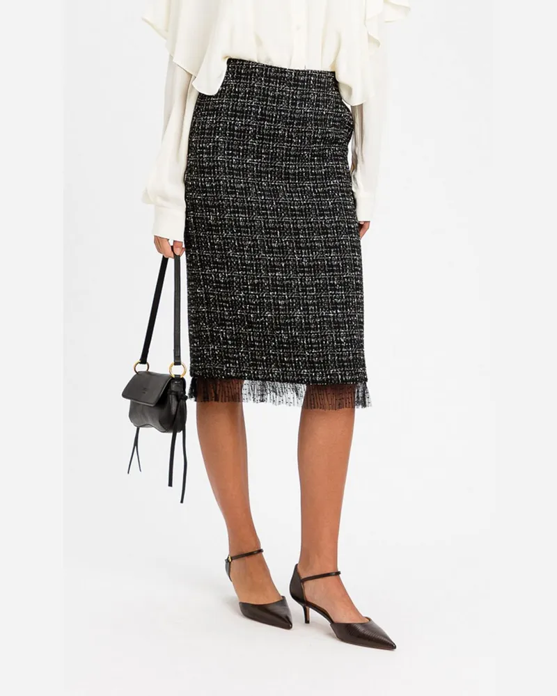Twin-Set Tweed-Bleistift-Midirock mit Rückenschlitz Schwarz