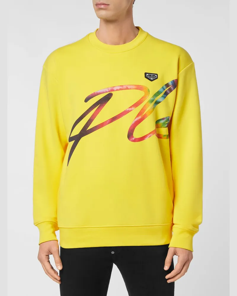 Philipp Plein Rundhals-Sweatshirt aus Baumwoll-Jersey mit kontrastierendem Logo-Print Gelb