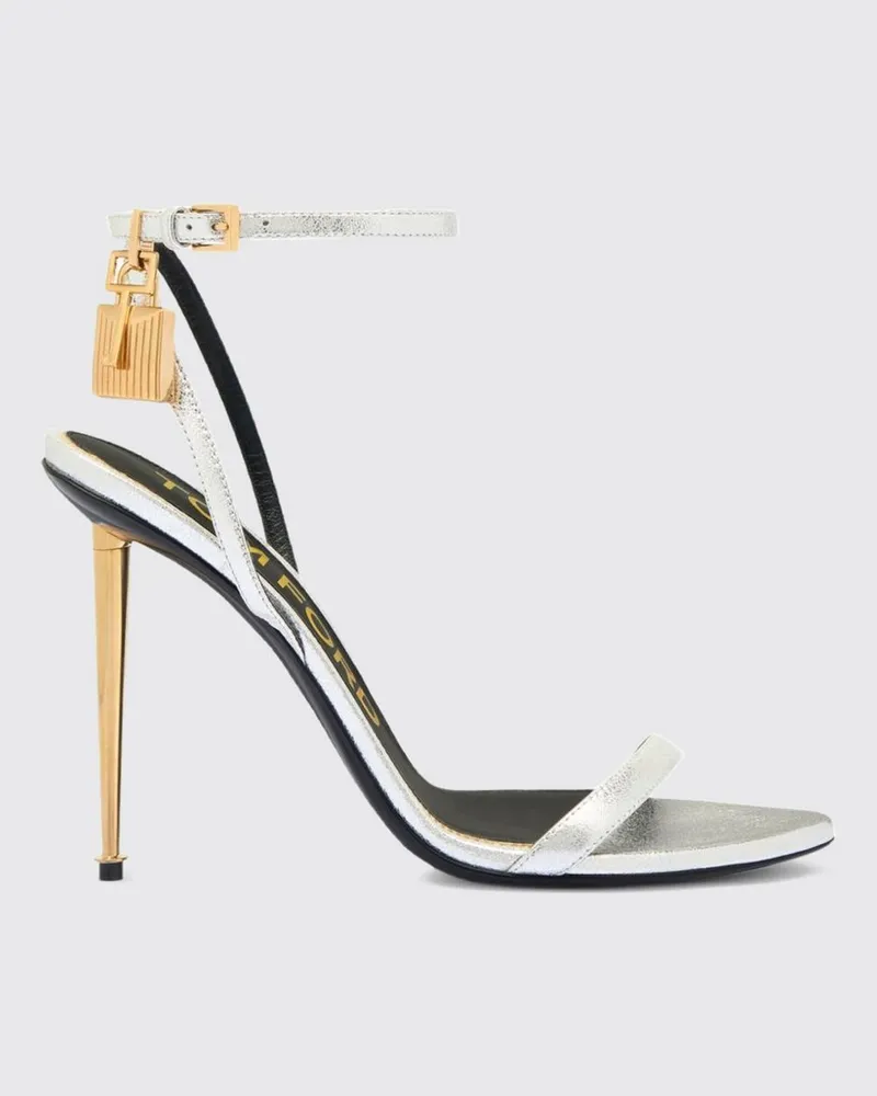 Tom Ford Padlock Sandalen von aus goldlaminiertem Leder mit Stiletto-Absatz Silber