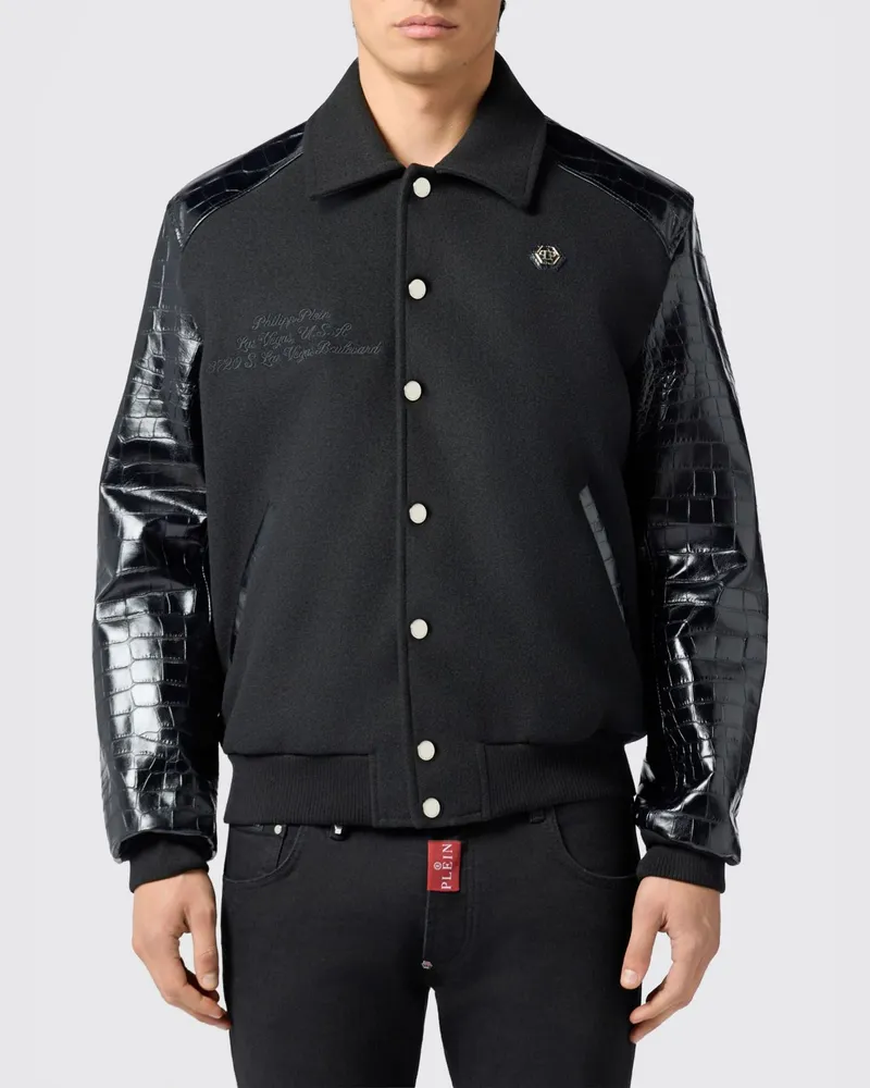Philipp Plein Varsity-Bomberjacke aus Kalbsleder in Kroko-Optik Schwarz