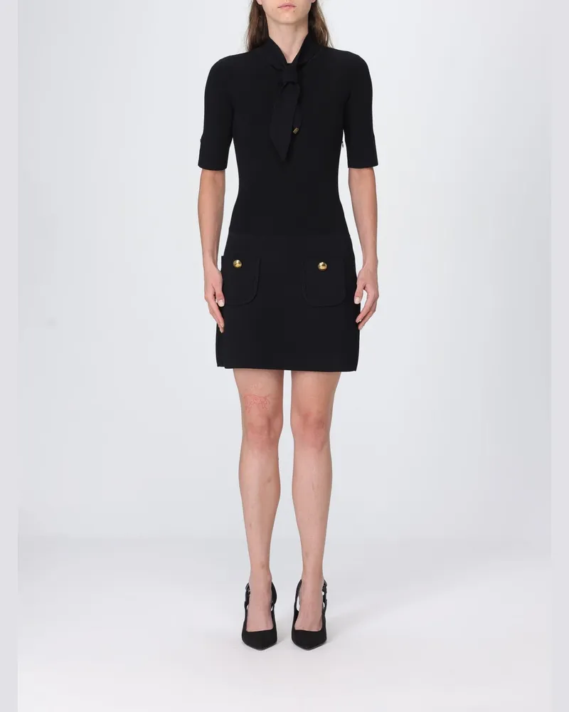 Elisabetta Franchi Strick-Minikleid mit Schluppenkragen und Taschen Schwarz