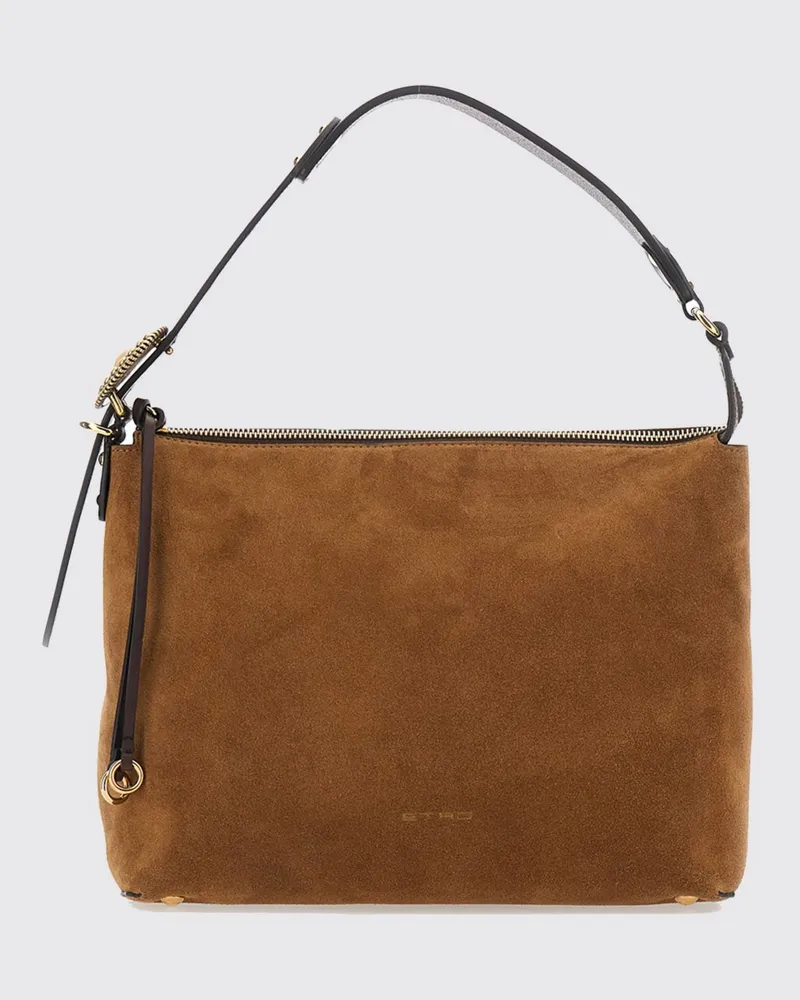 Etro Schultertasche aus Veloursleder von mit verstellbarem Griff und laminiertem Logo Braun