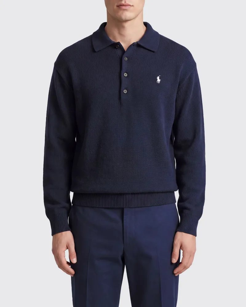 Ralph Lauren Langärmeliges Baumwoll-Strickpolohemd mit Pony-Logo-Stickerei Blau