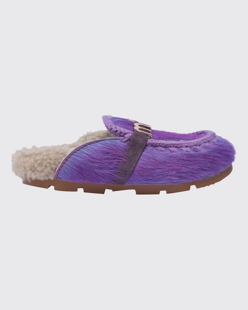Mou Winter Bio Mules aus Ponyfell mit Shearling-Futter und Metall-Logo Violett