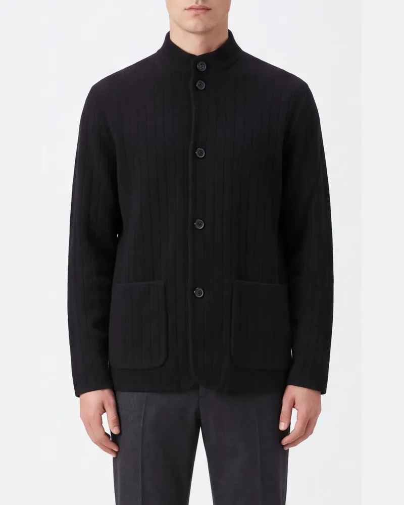 LARDINI Woll-Cardigan mit hohem Kragen, Knopfverschluss und Taschen Schwarz