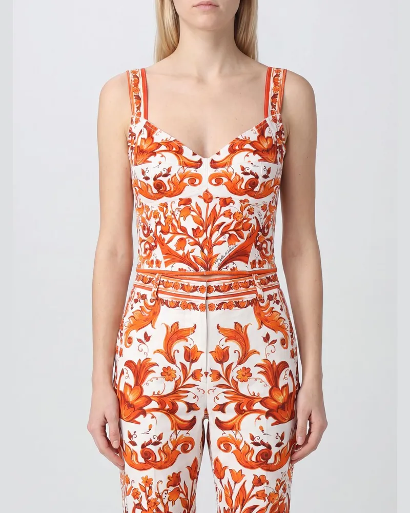 Dolce & Gabbana DOLCE  GABBANA Dolce & Gabbana Cropped-Korsett-Top aus Seide mit Majolika-Print Orange