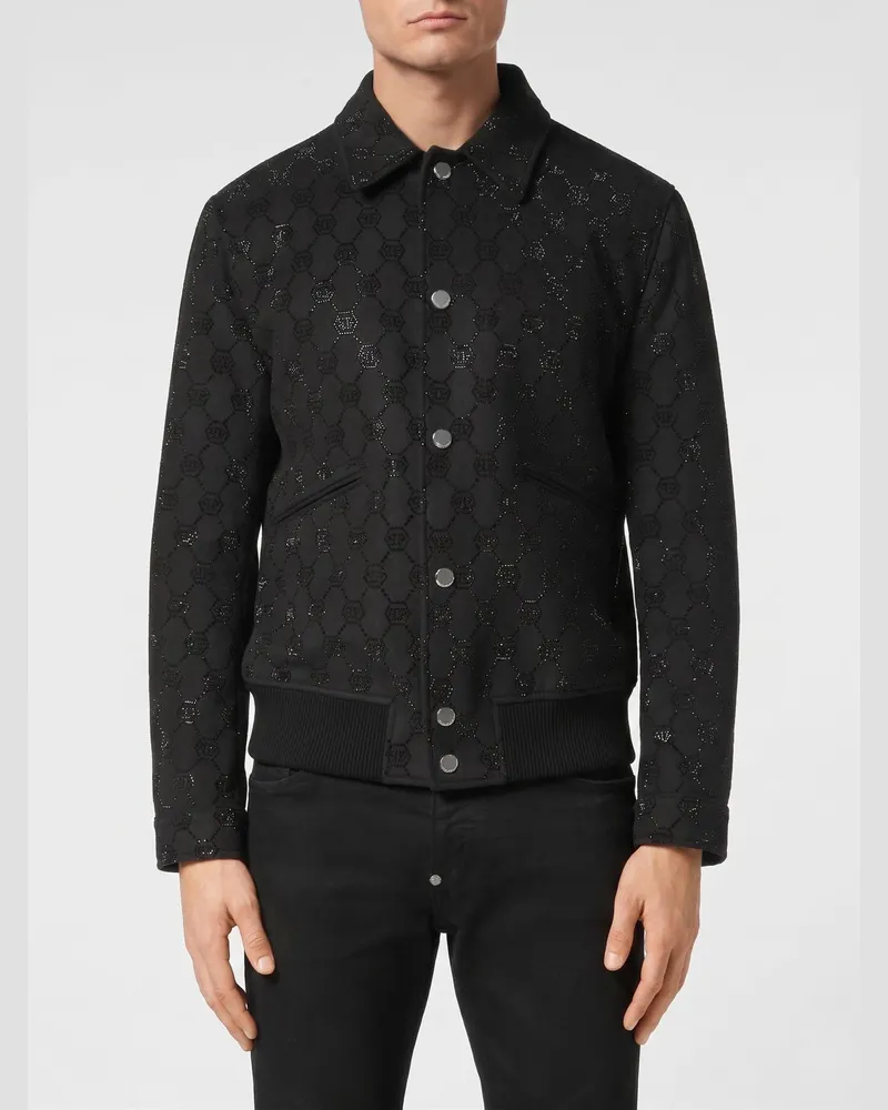 Philipp Plein Woll-Bomberjacke mit Strass-Monogramm Schwarz