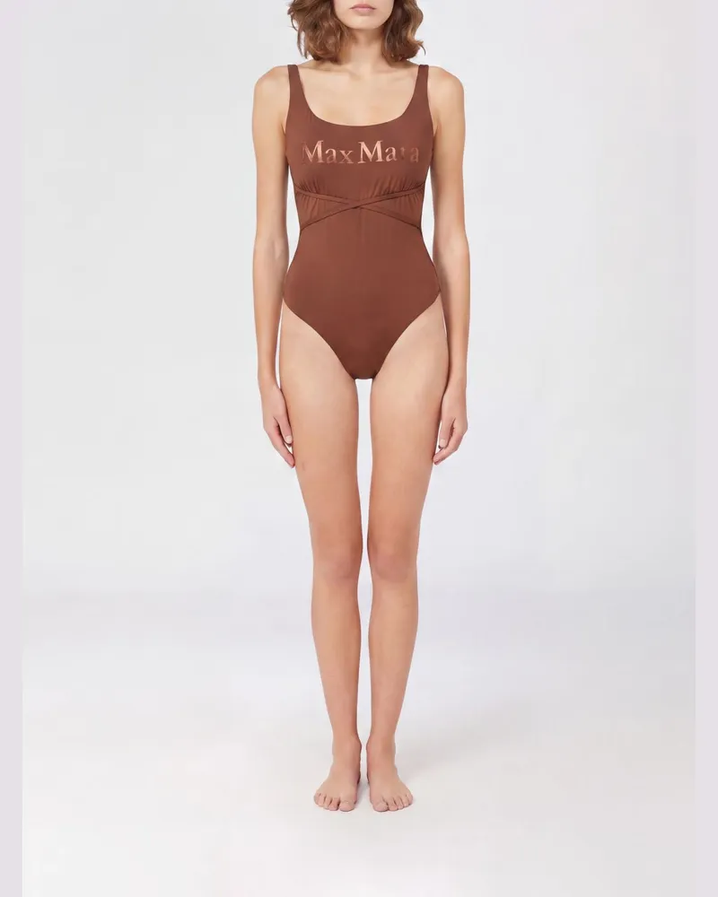 Max Mara Einteiliger Badeanzug mit beflocktem Logo und Bindegürtel Braun