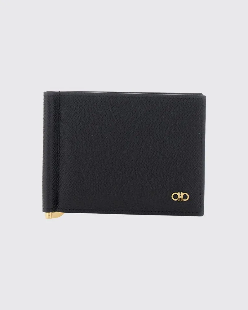 Ferragamo Bifold-Geldbörse aus genarbtem Kalbsleder mit Gancini-Logo Schwarz