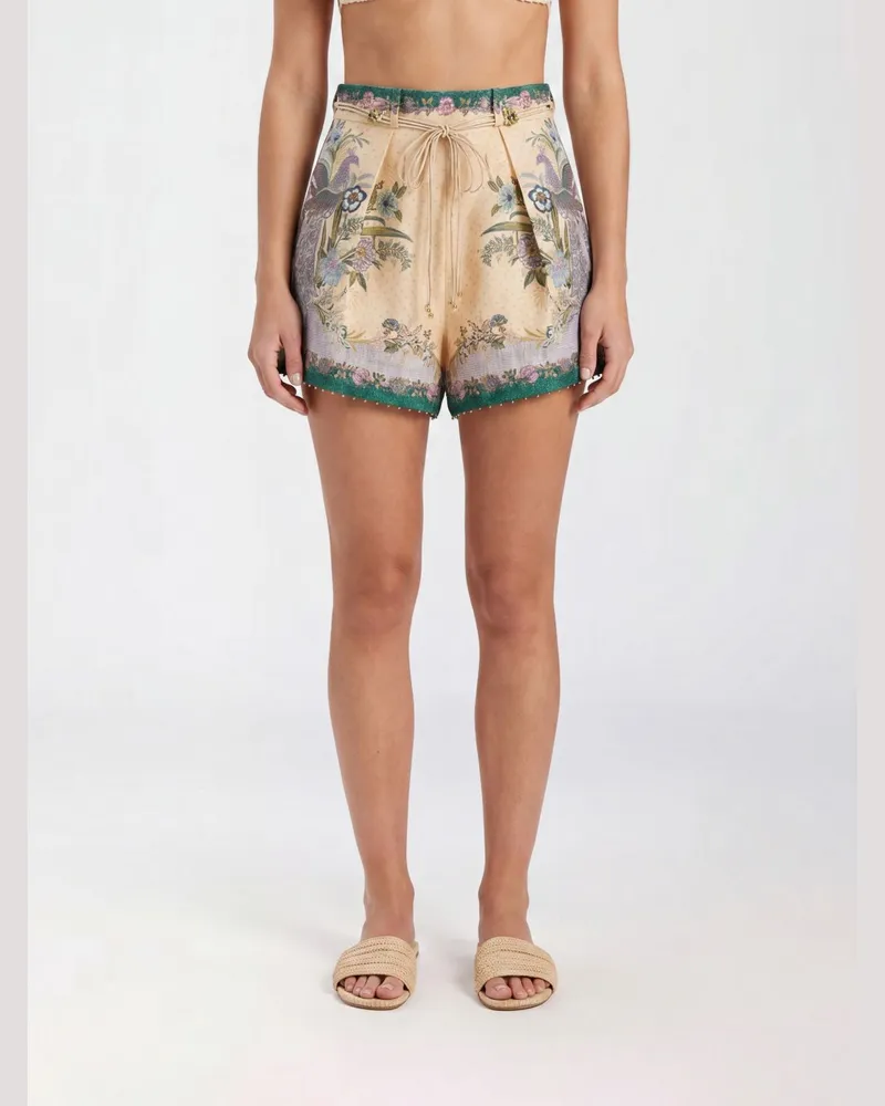 Zimmermann Indra High-Waist-Mini-Shorts aus Leinen mit Ethno-Print Cream