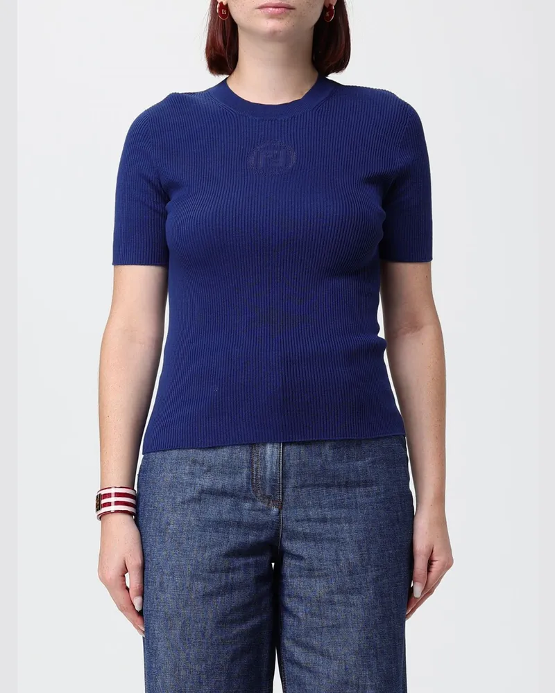 Fendi Kurzärmeliges Stricktop aus gerippter Baumwolle mit FF-Monogramm Blau