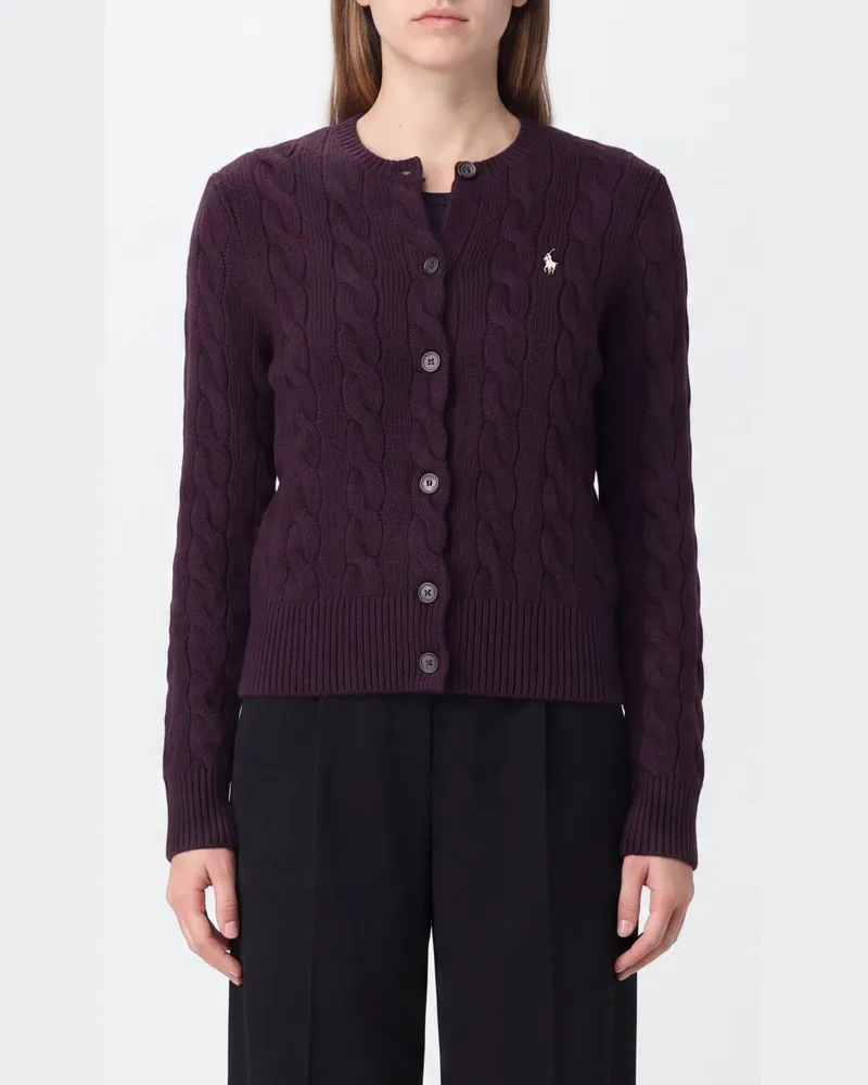 Ralph Lauren Strick-Cardigan aus Wolle mit Rundhalsausschnitt und Pony-Logo Violett